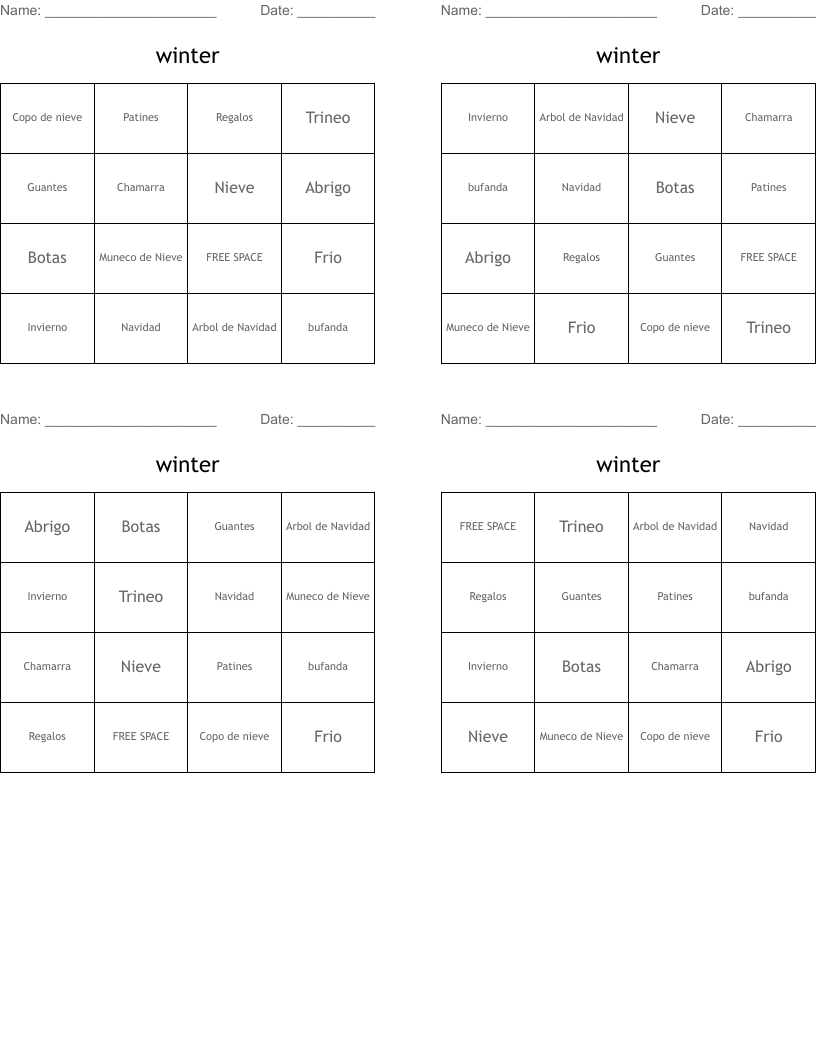 winter Bingo Cards