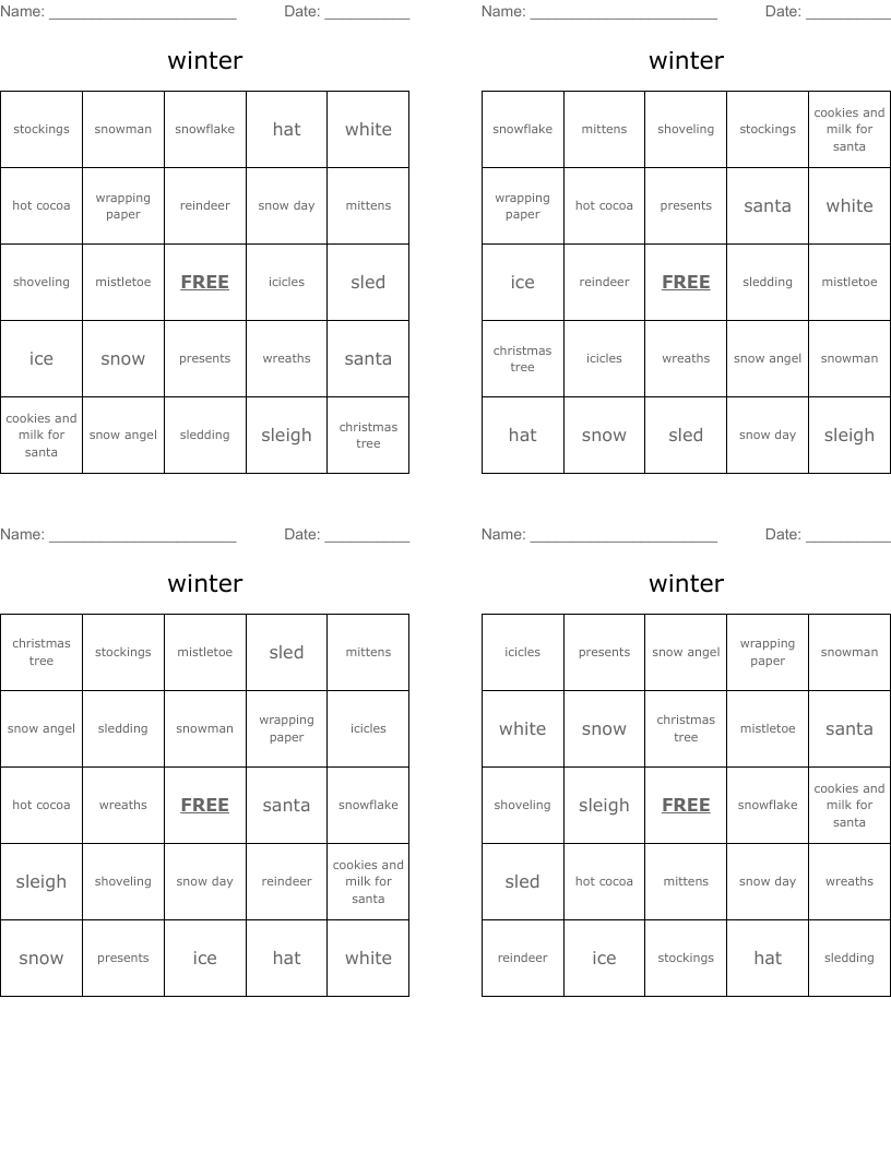 winter Bingo Cards