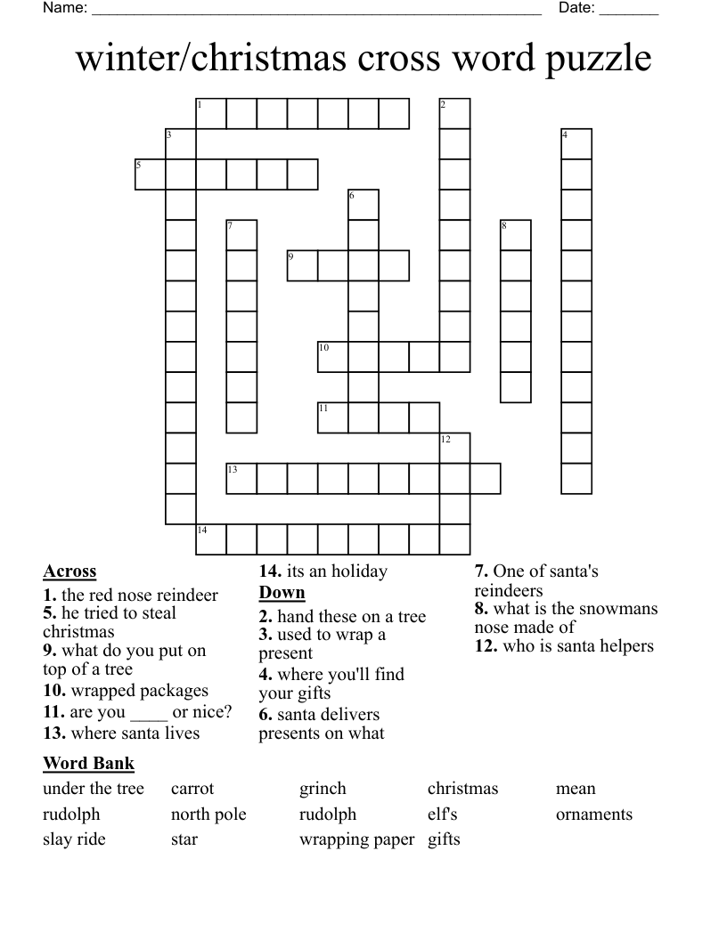 winter/christmas cross word puzzle