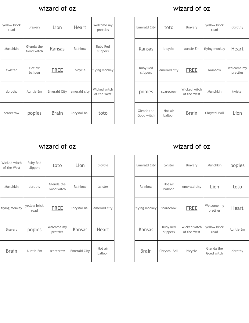 wizard of oz Bingo Cards