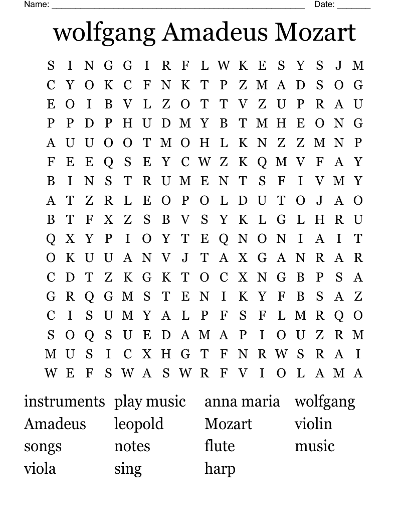 wolfgang Amadeus Mozart Word Search