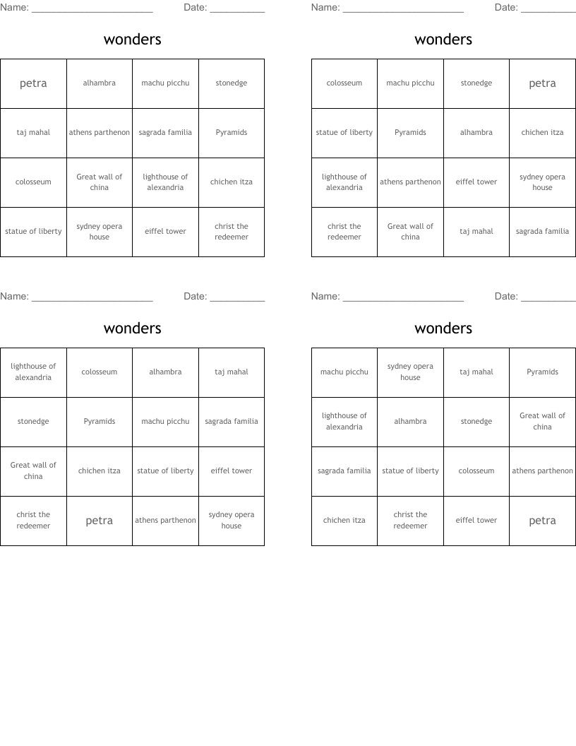 wonders Bingo Cards