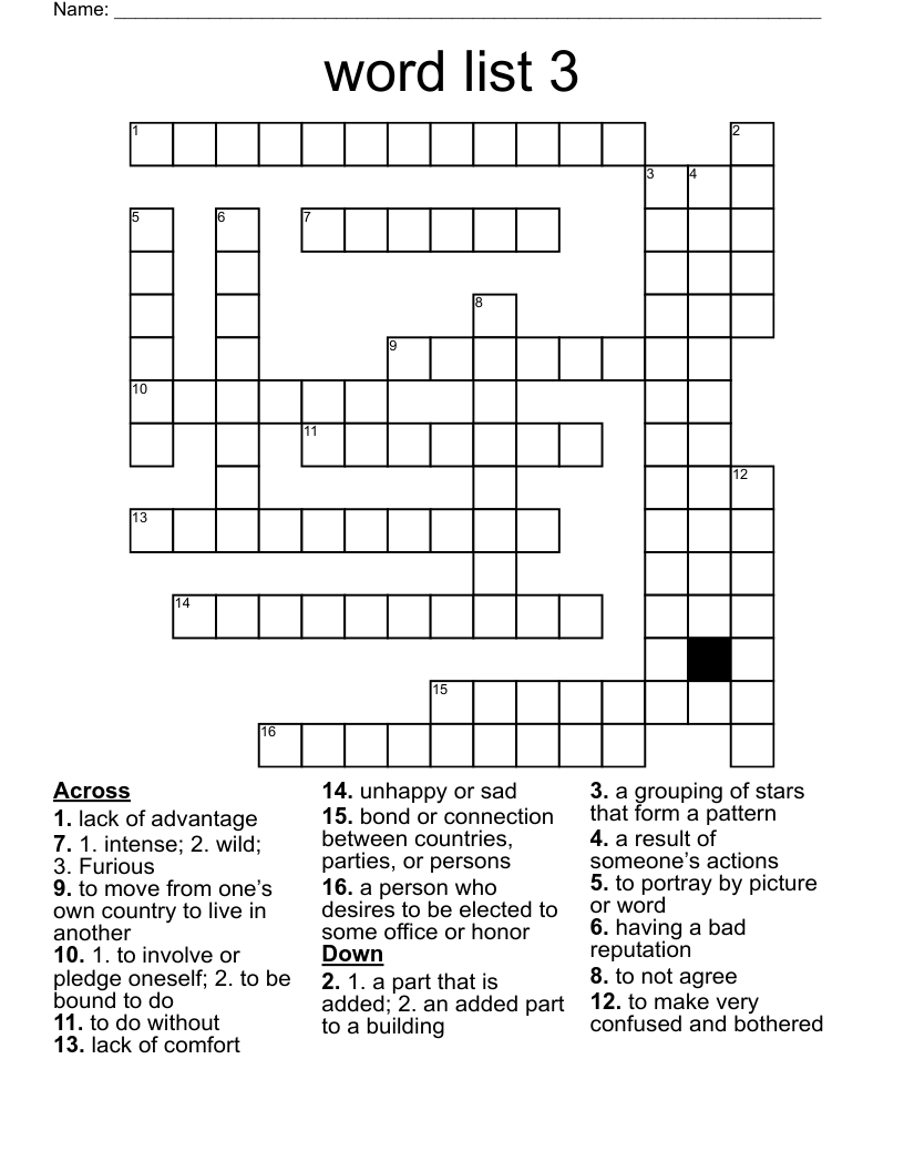 word list 3 Crossword