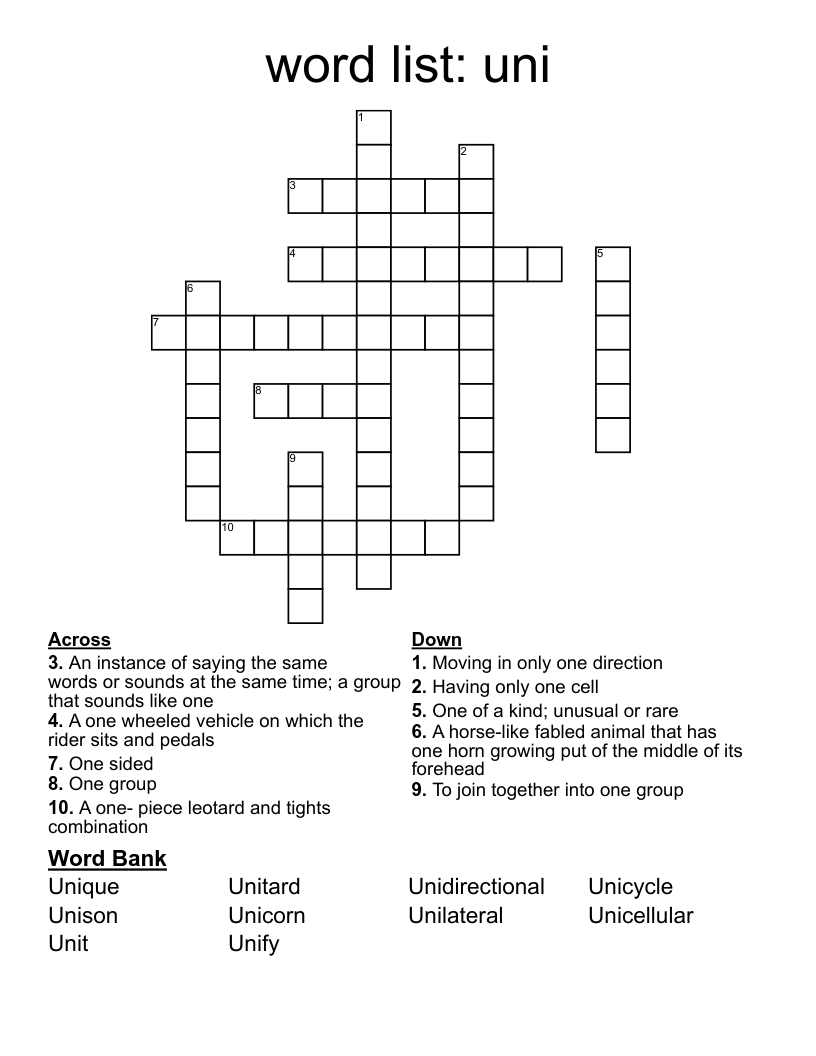 word list: uni Crossword