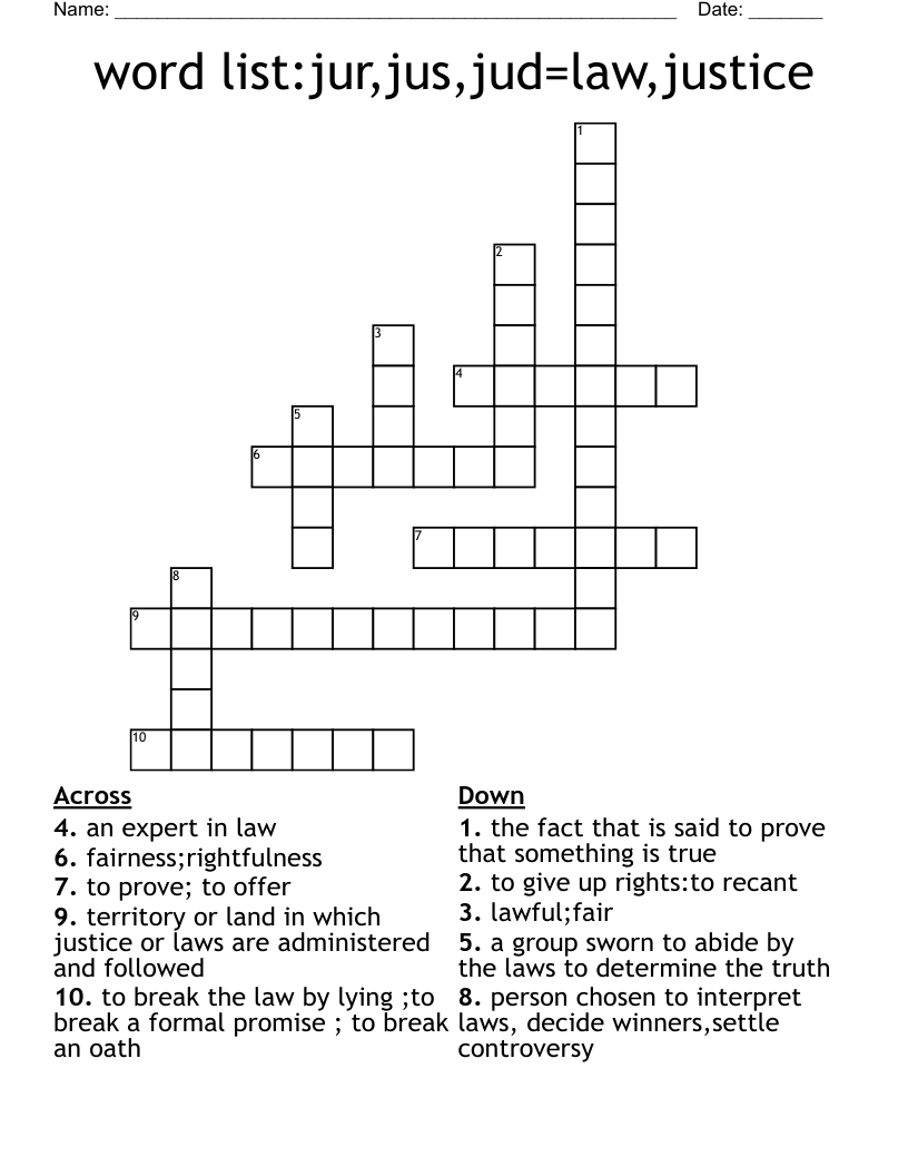 word list:jur,jus,jud=law,justice Crossword