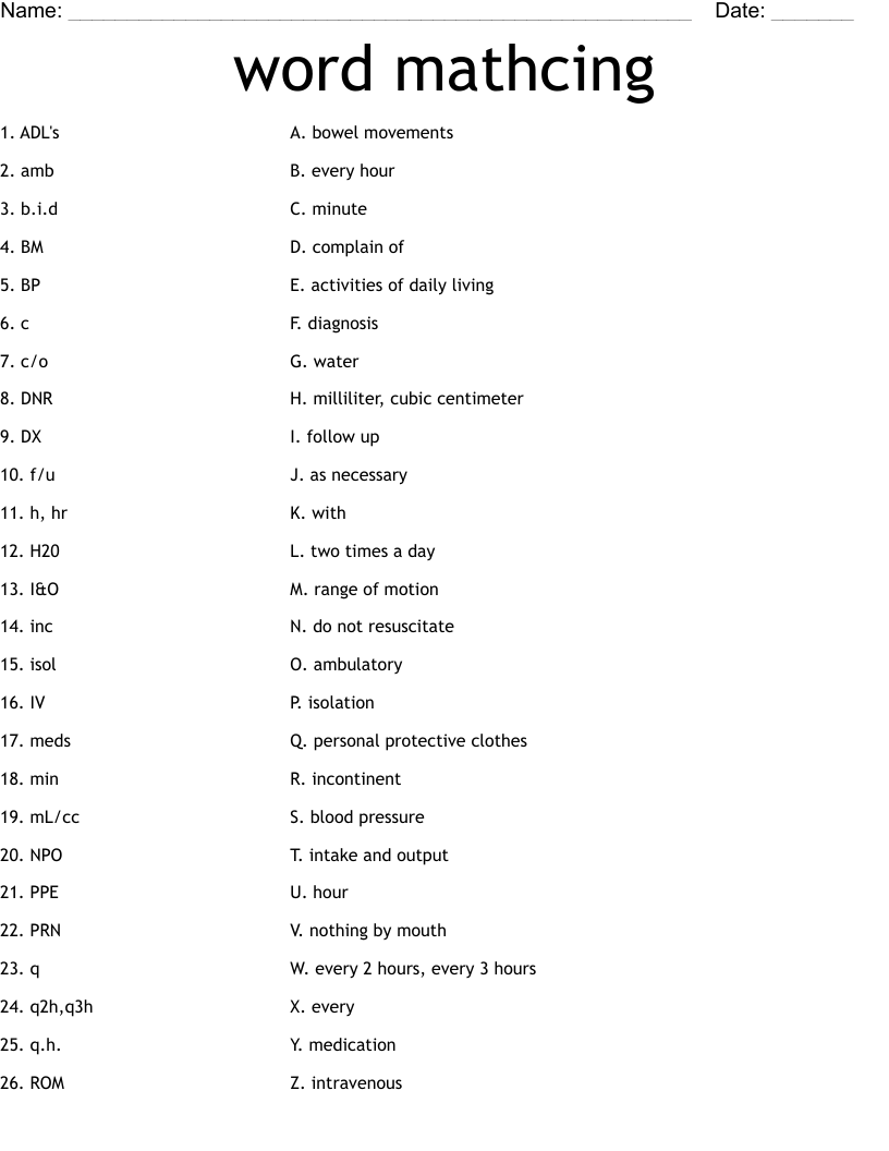 word mathcing  Worksheet