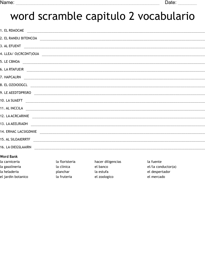 word scramble capitulo 2 vocabulario