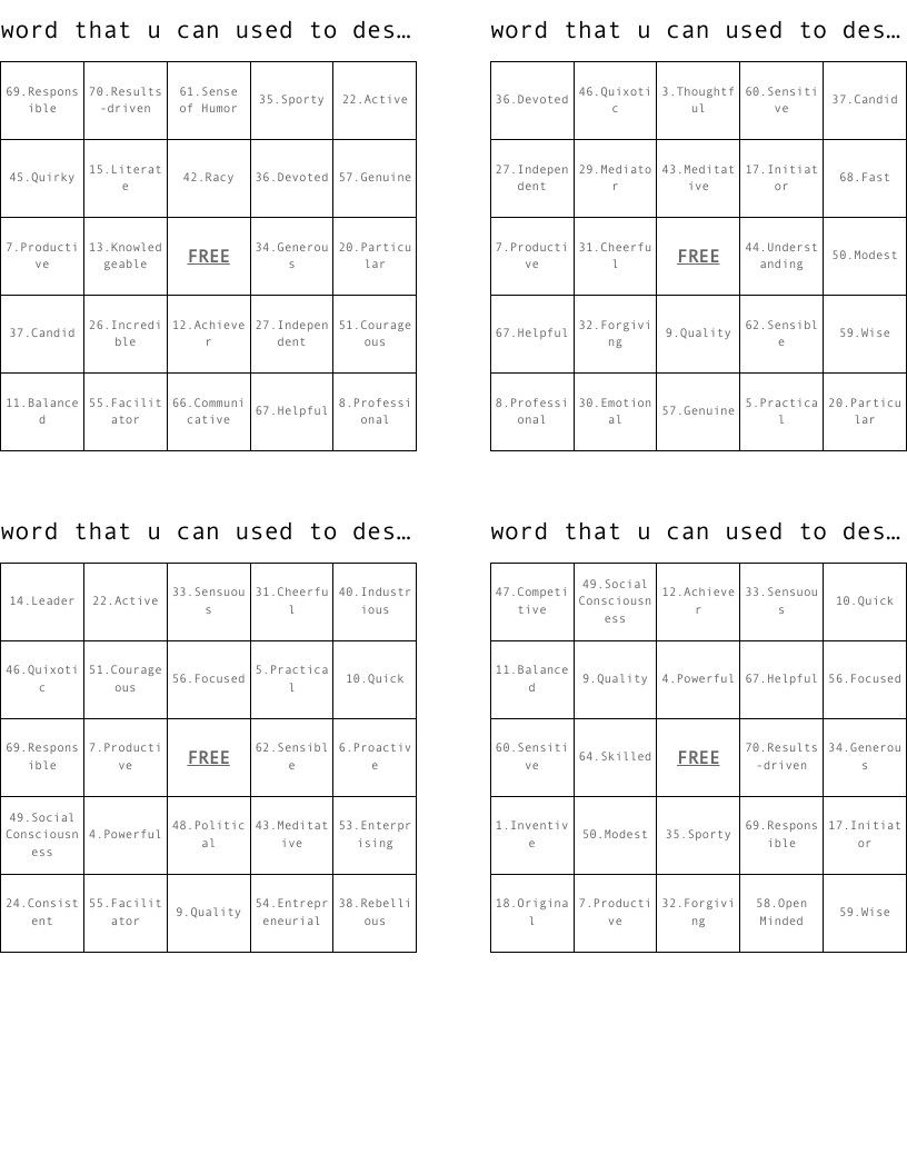 word that u can used to describe yourself  Bingo Cards