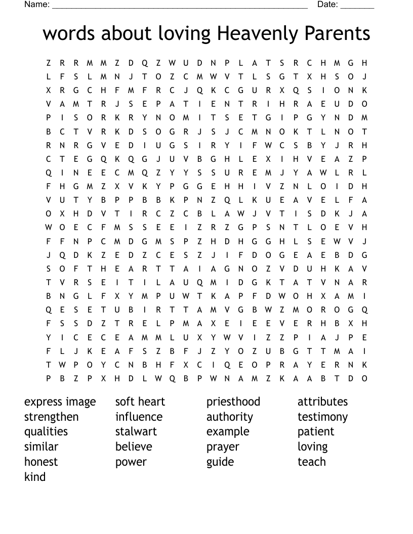 words about loving Heavenly Parents Word Search