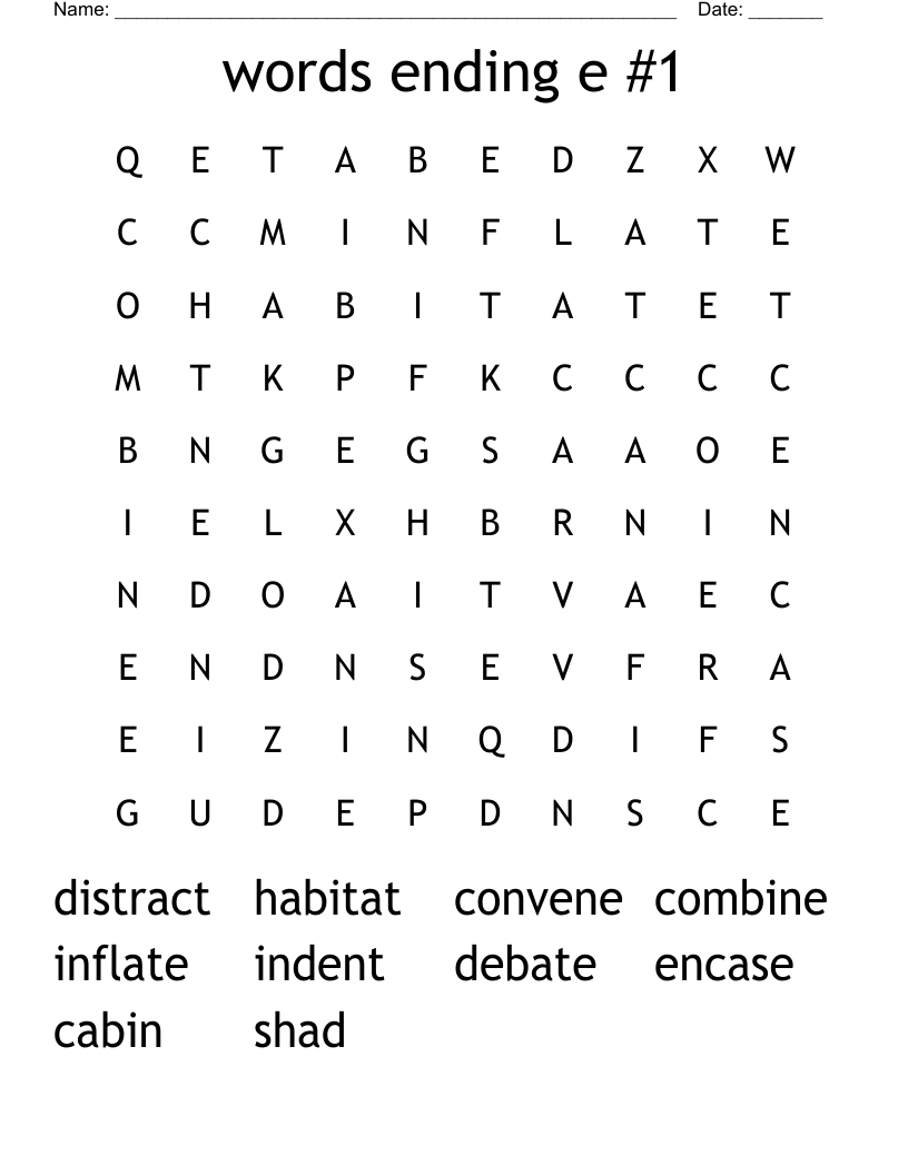 words ending e #1 Word Search