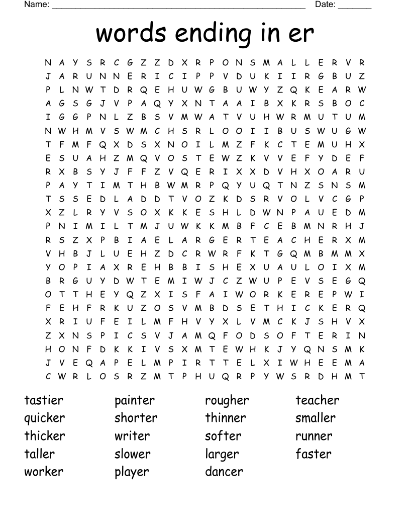 words ending in er Word Search