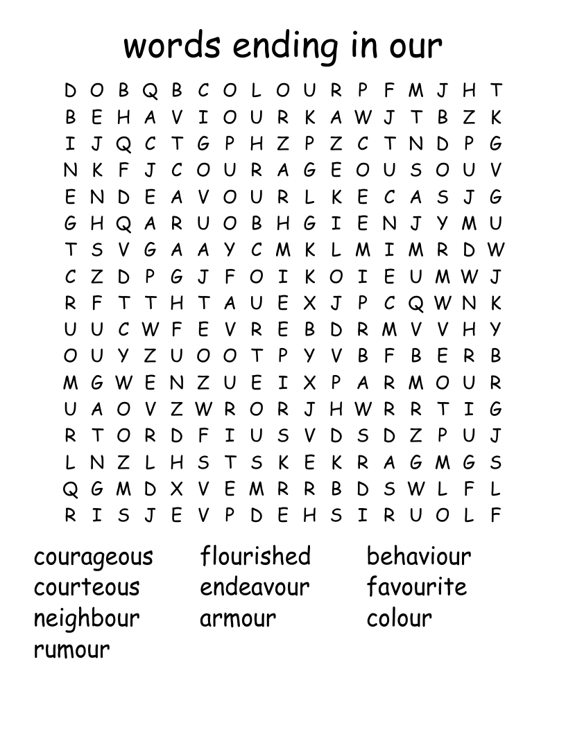 words ending in our Word Search