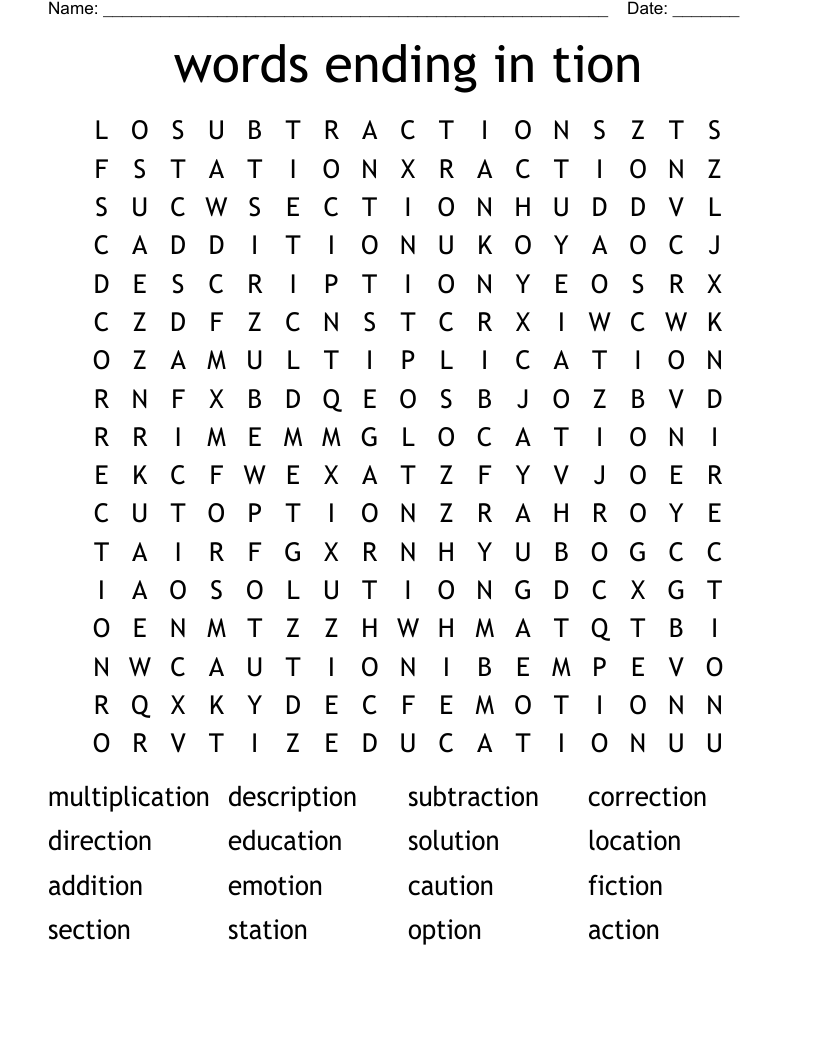 words ending in tion  Word Search