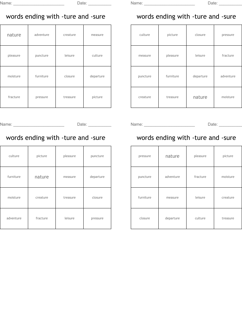 words ending with -ture and -sure Bingo Cards