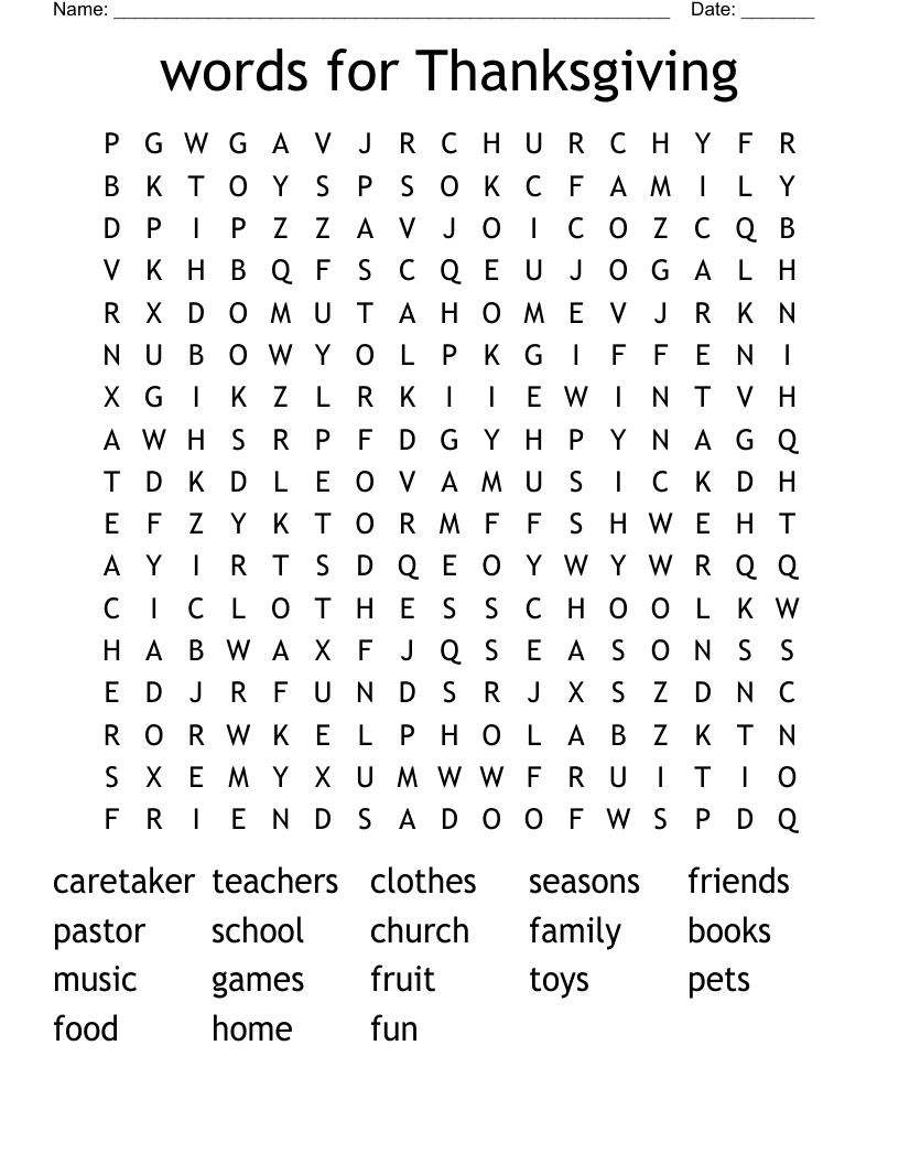 words for Thanksgiving Word Search