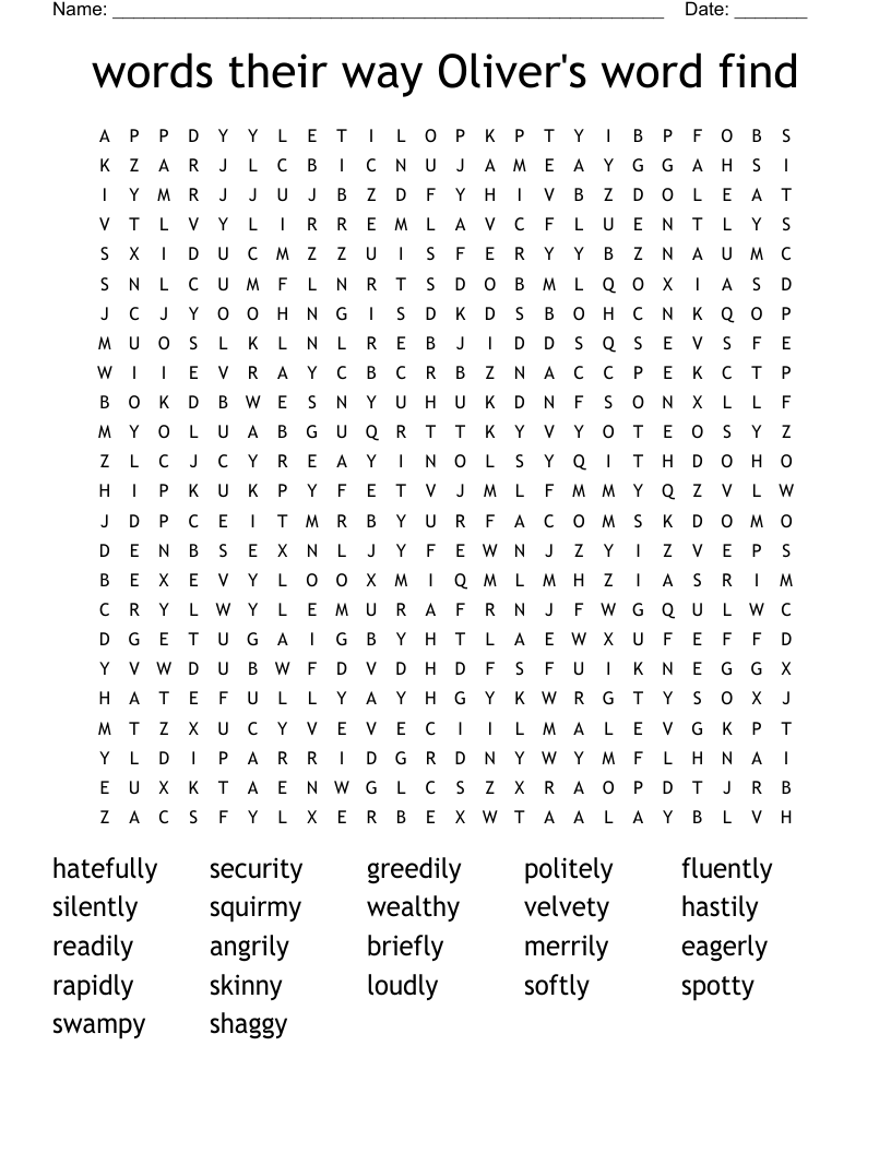 words their way Oliver's word find Word Search