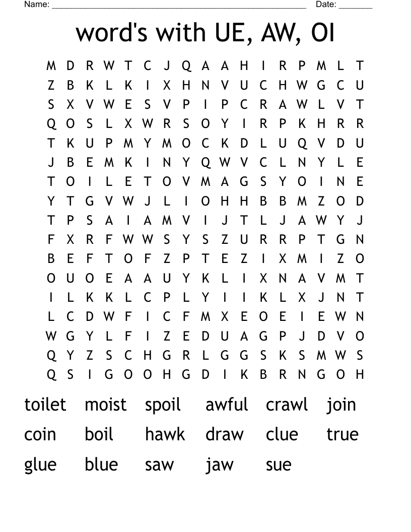 word's with UE, AW, OI Word Search