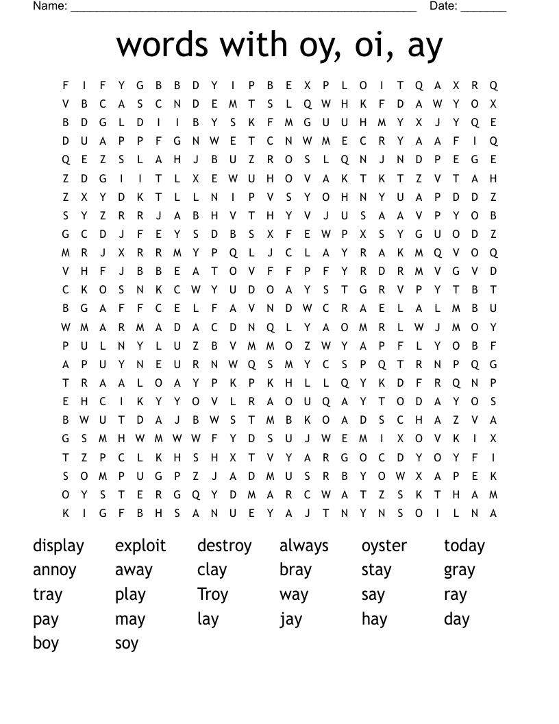 words with oy, oi, ay Word Search