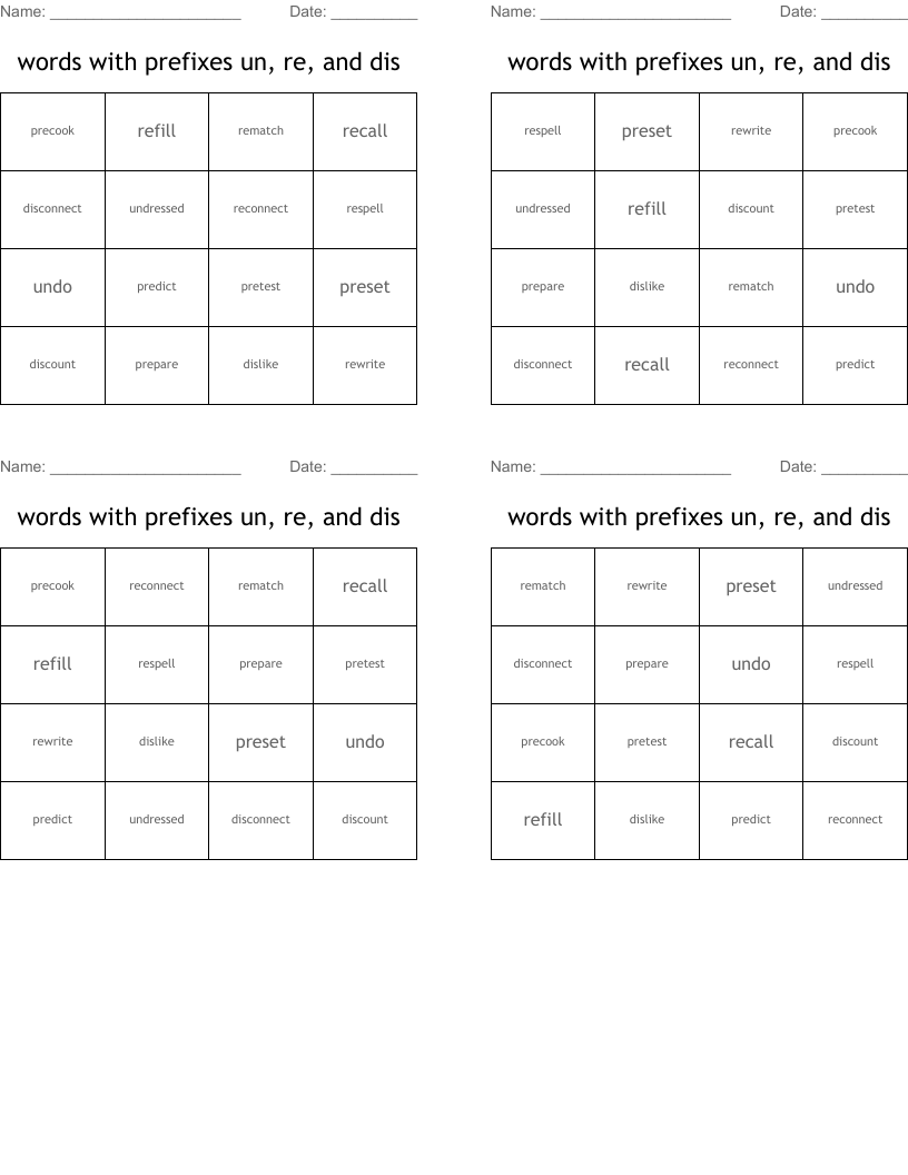 words with prefixes un, re, and dis Bingo Cards