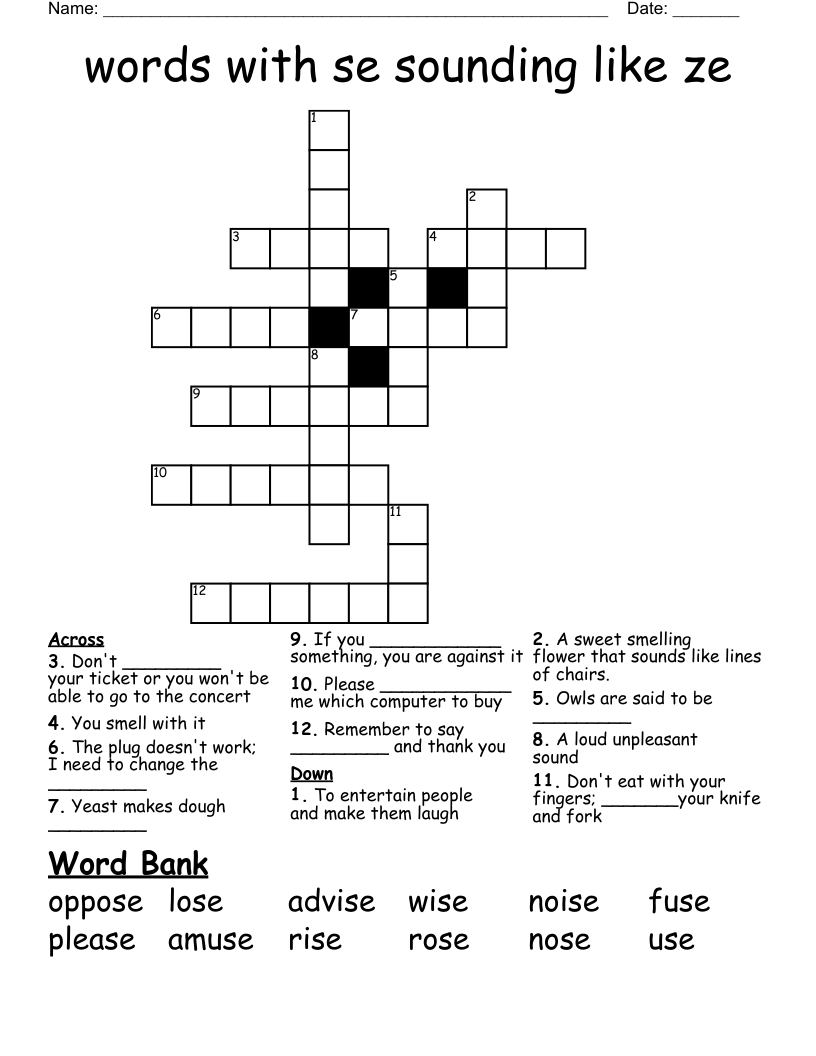 words with se sounding like ze Crossword
