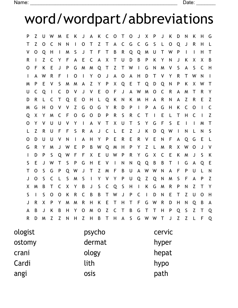 word/wordpart/abbreviations Word Search