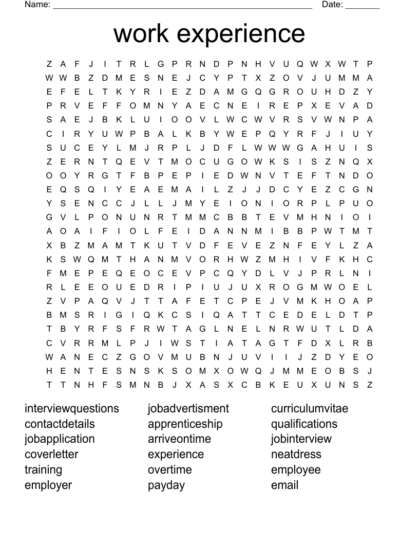 work experience Word Search