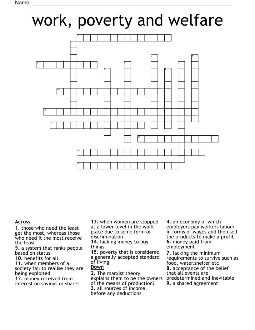 work, poverty and welfare Crossword