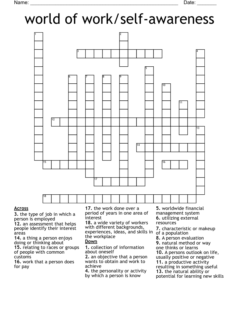world of work/self-awareness Crossword