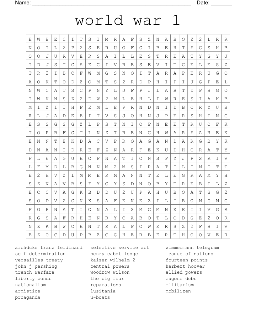world war 1 Word Search