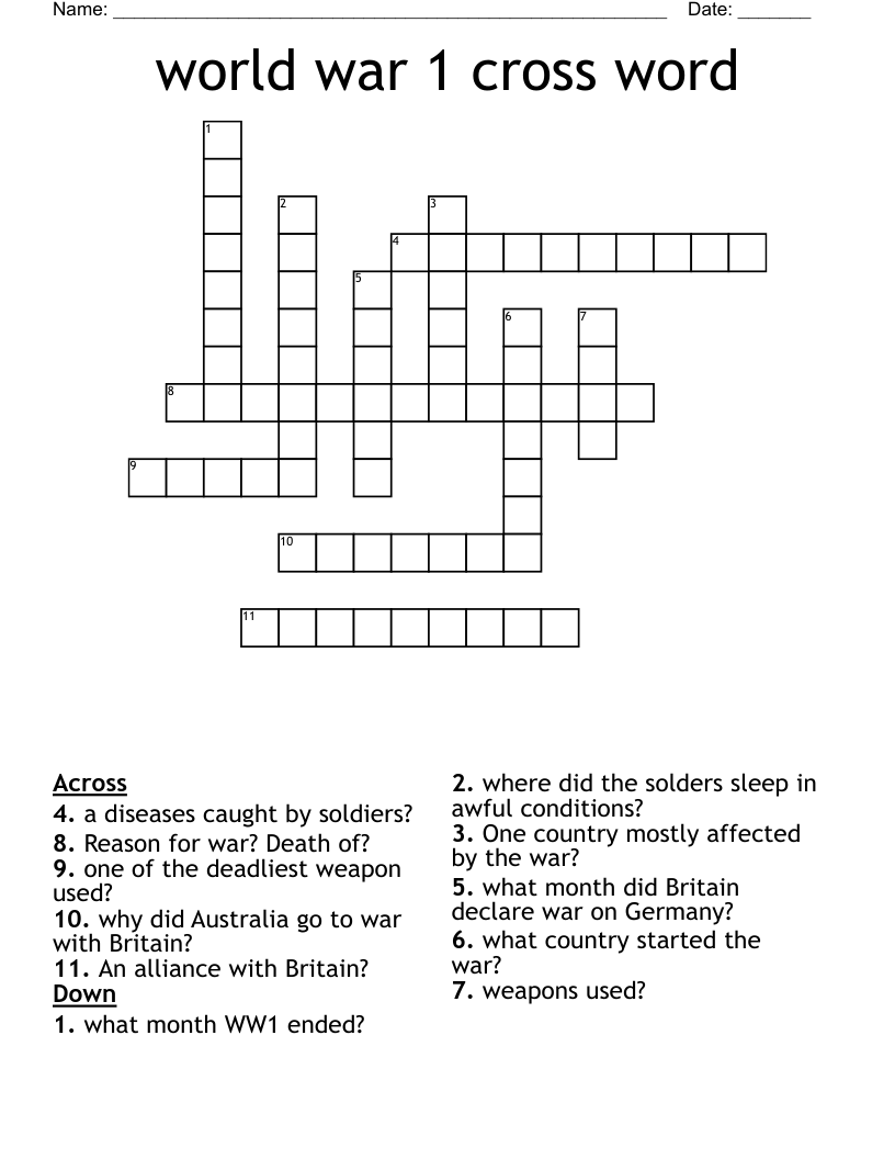 world war 1 cross word