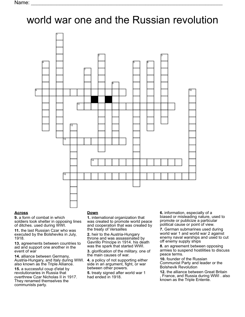 world war one and the Russian revolution  Crossword