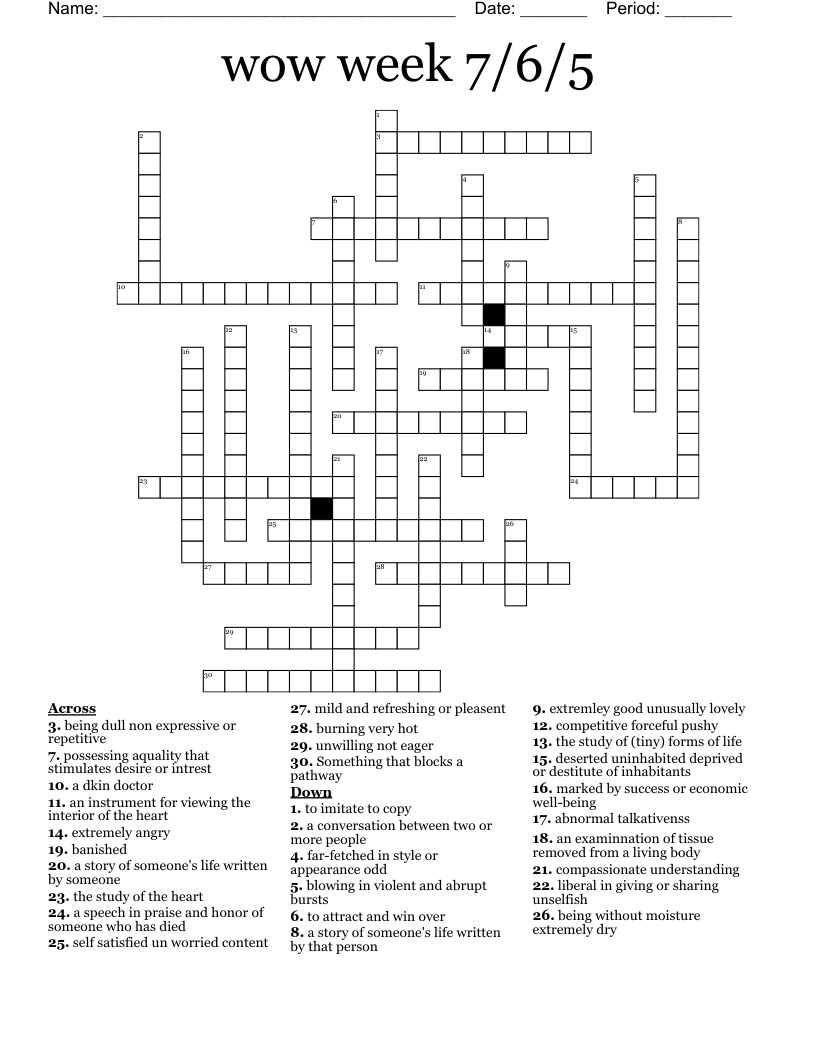 wow week 7/6/5 Crossword