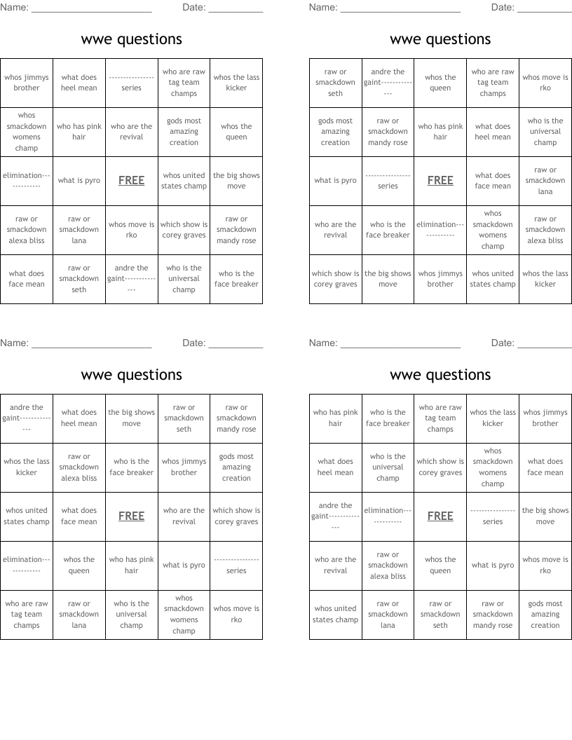 wwe questions  Bingo Cards
