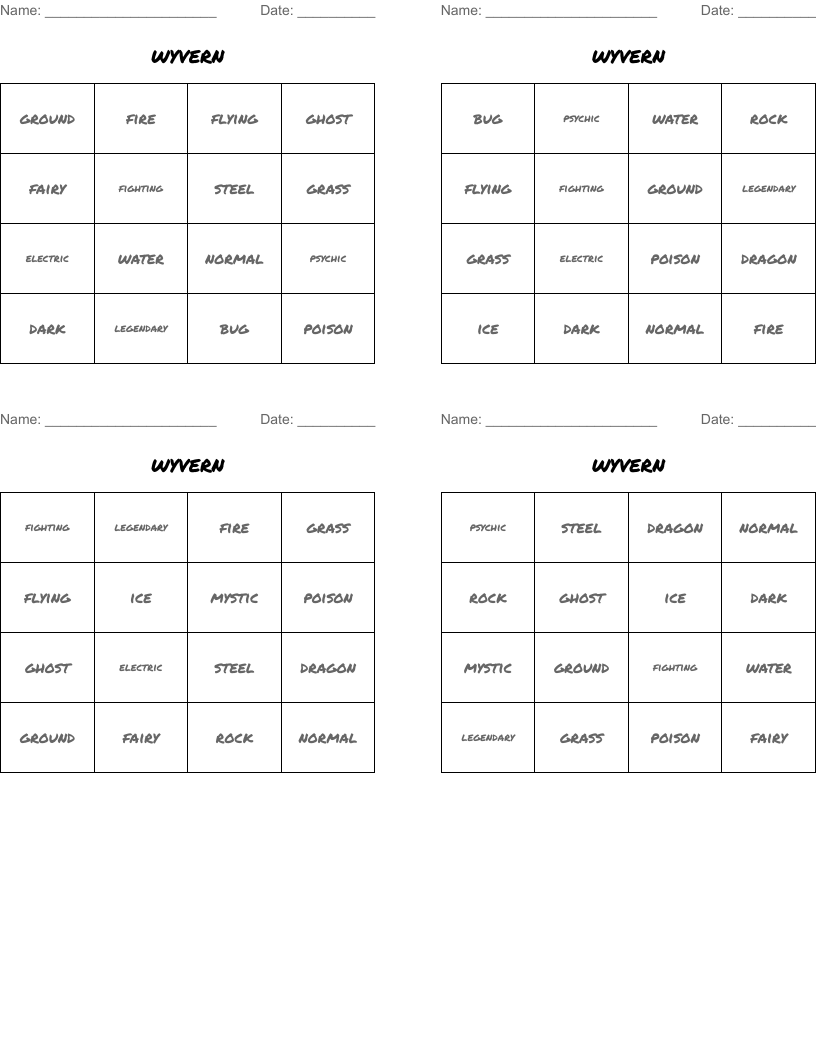wyvern Bingo Cards