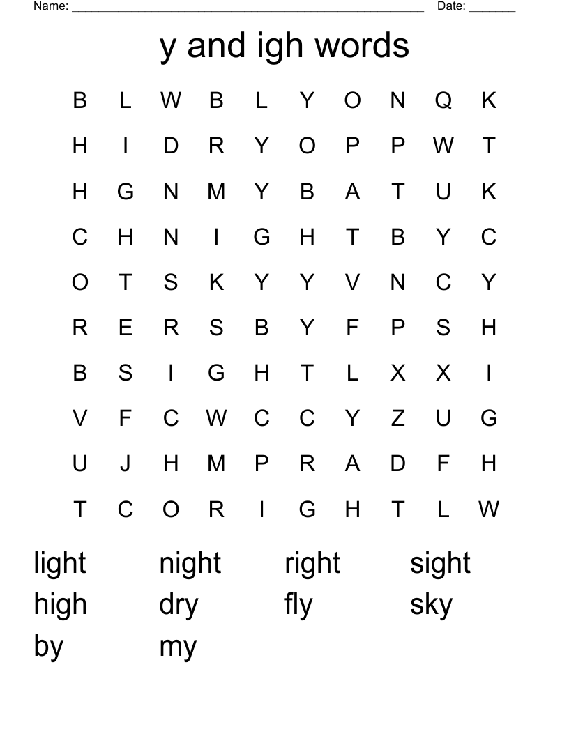 y and igh words Word Search