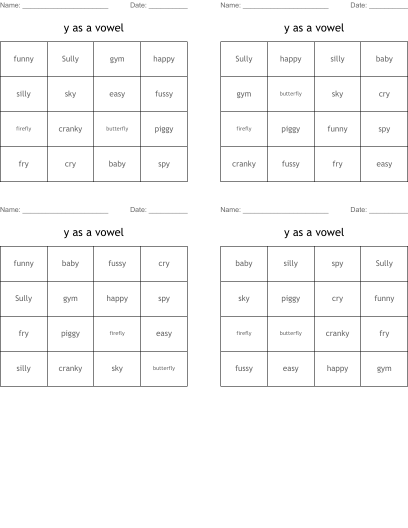 y as a vowel Bingo Cards