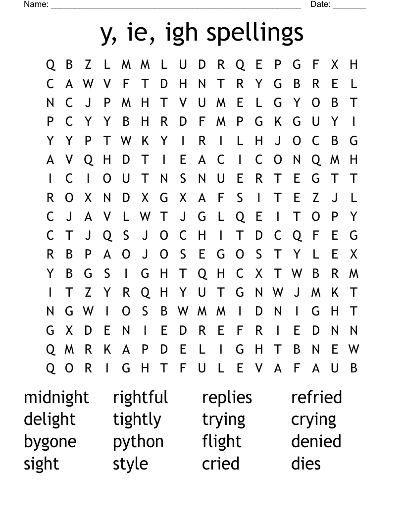 y, ie, igh spellings Word Search