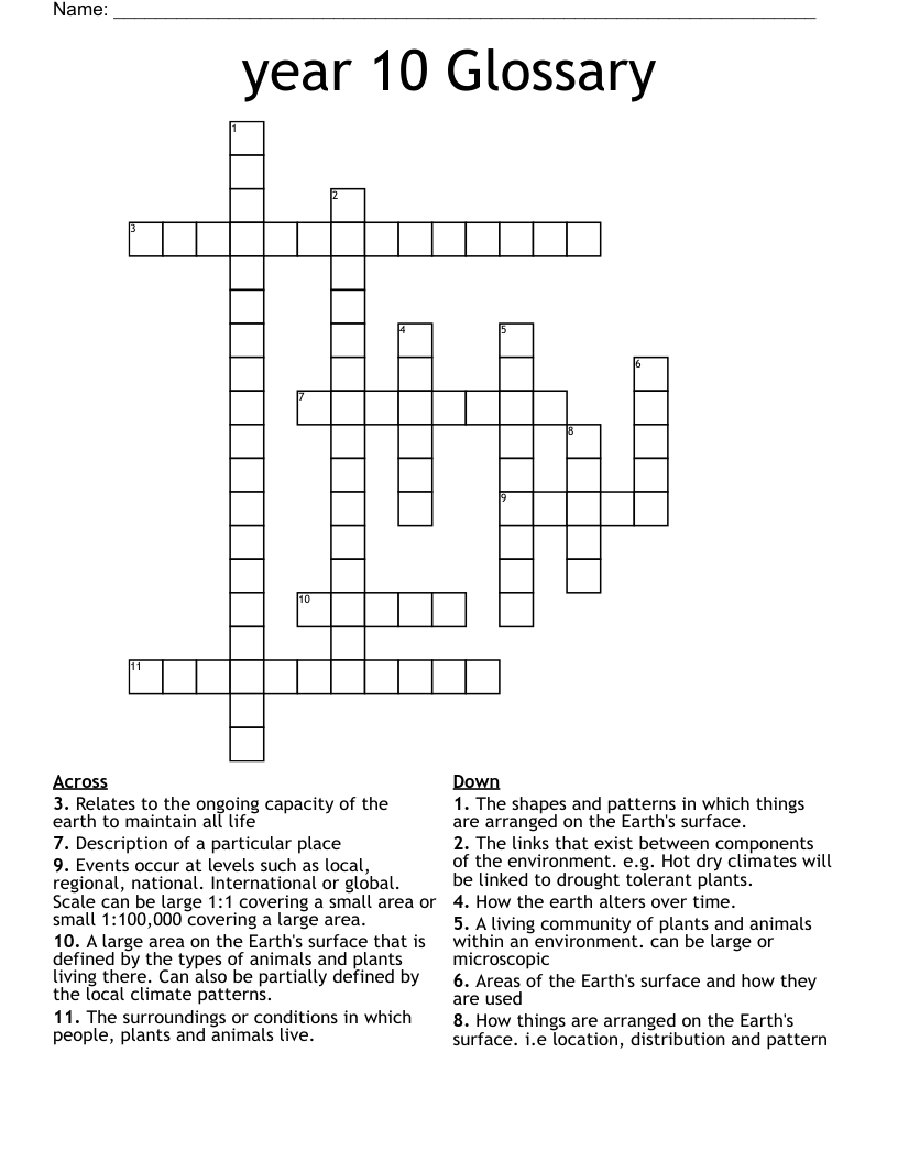 year 10 Glossary  Crossword