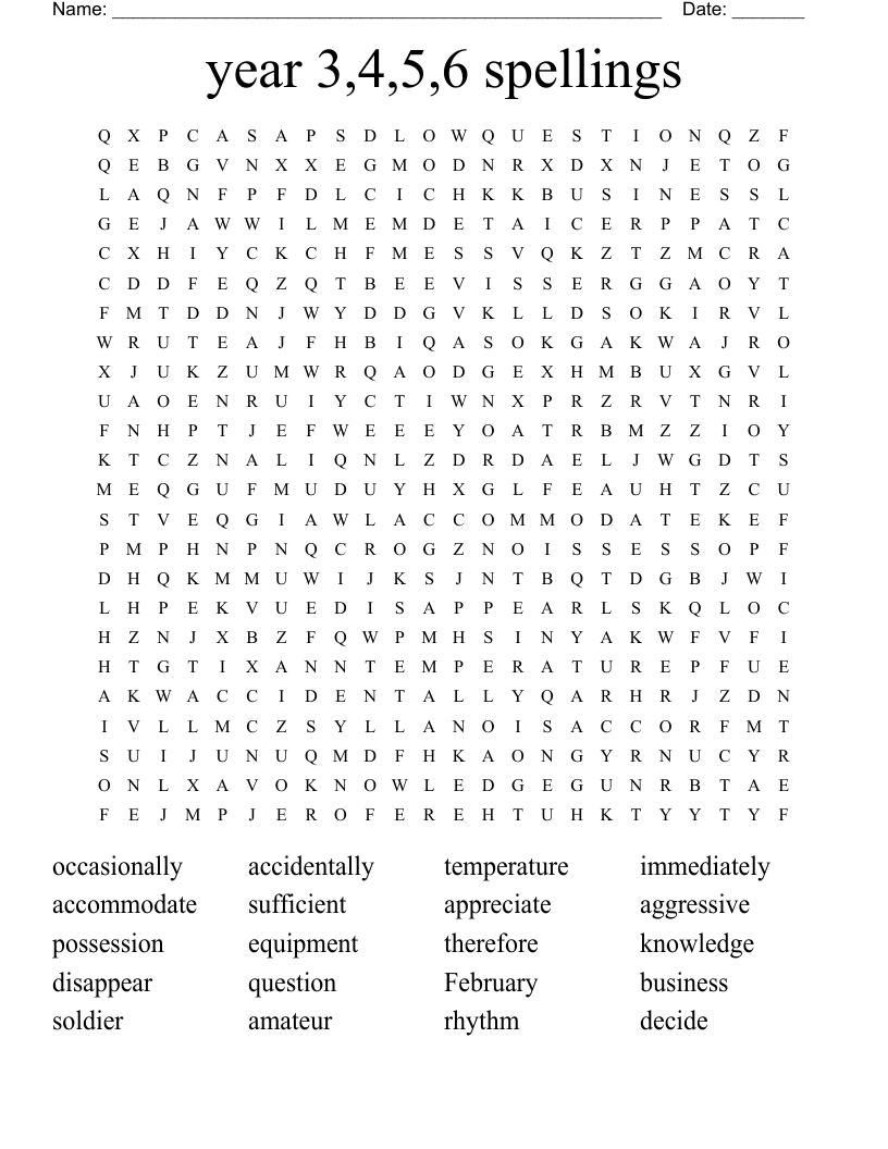 year 3,4,5,6 spellings Word Search