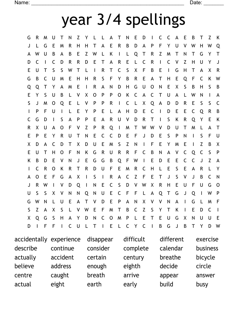 year 3/4 spellings Word Search