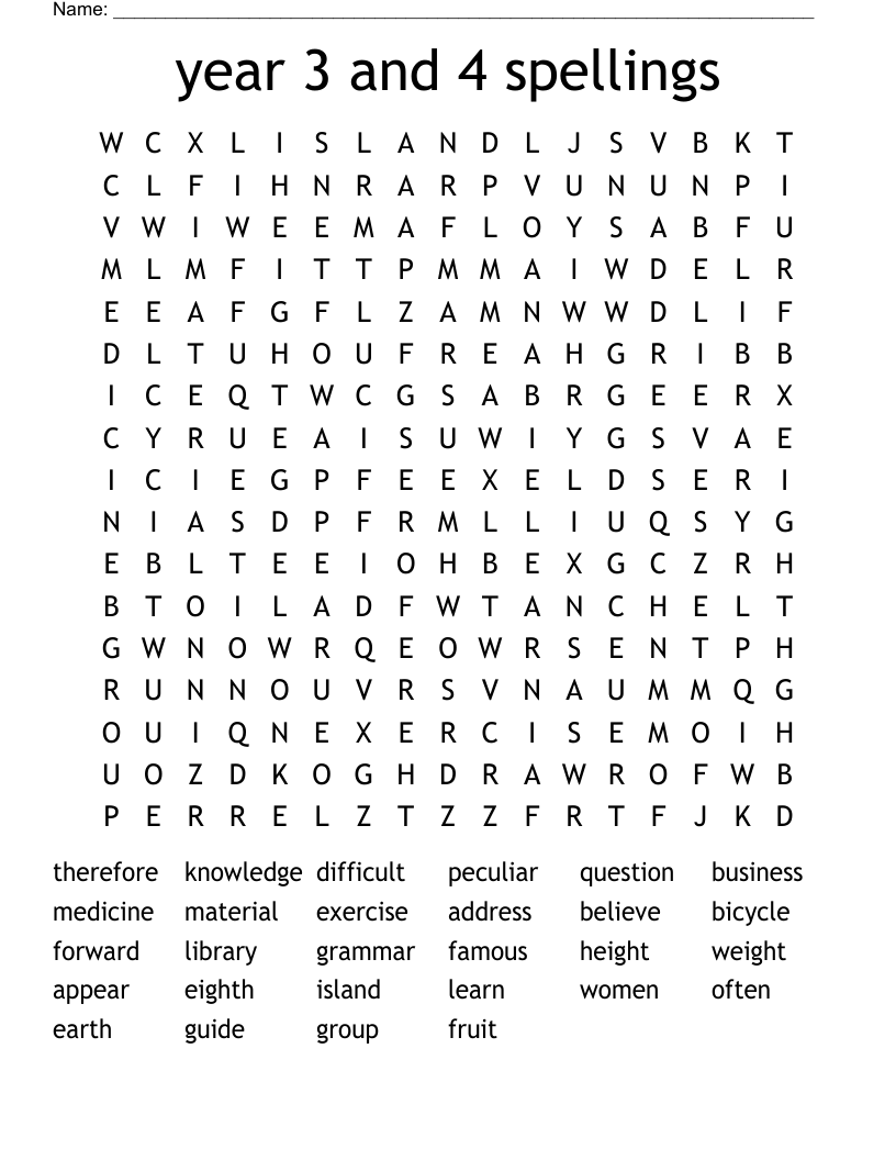 year 3 and 4 spellings Word Search