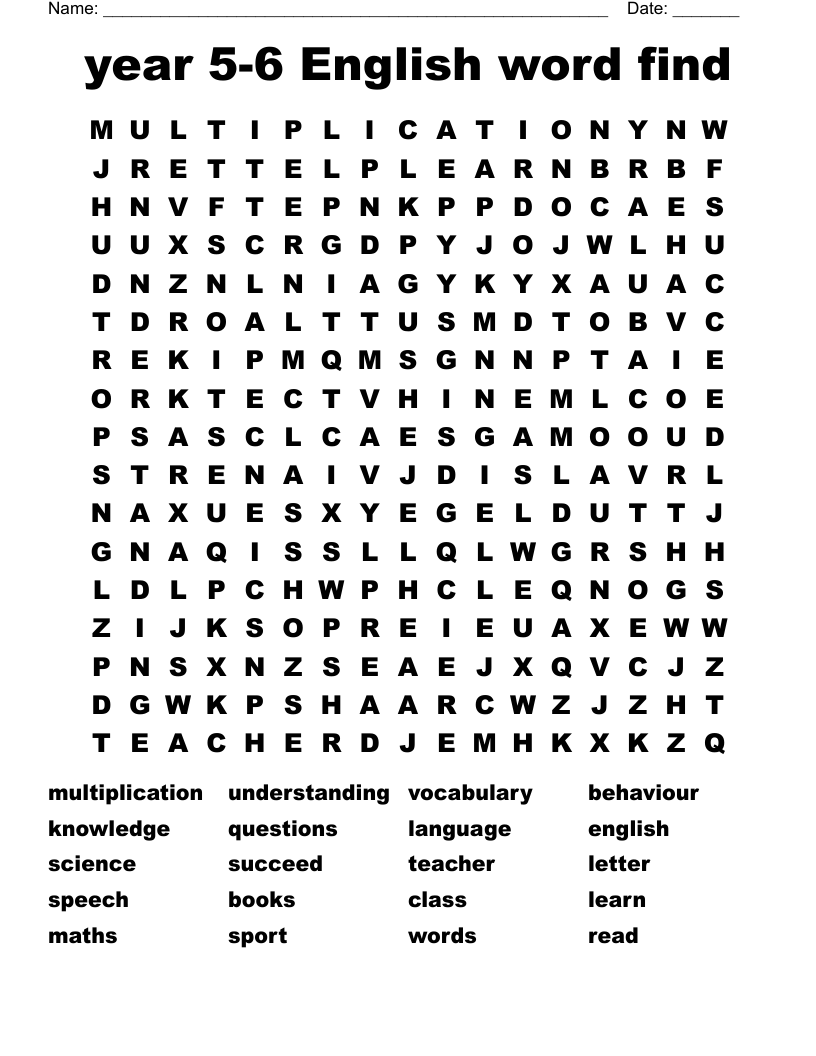 year 5-6 English word find Word Search
