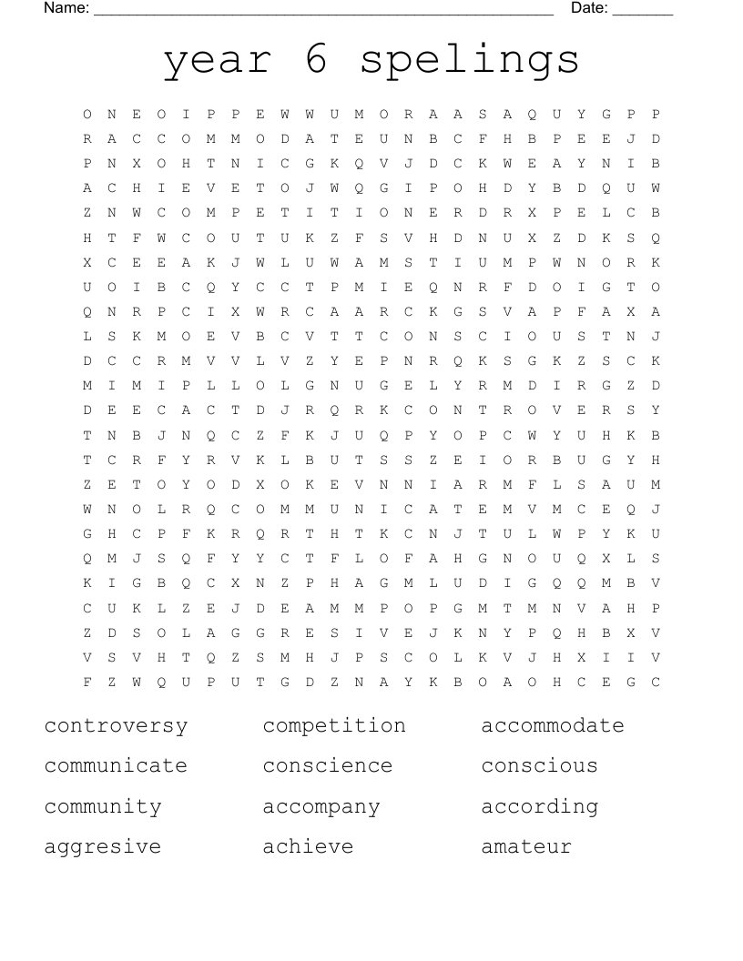 year 6 spelings Word Search