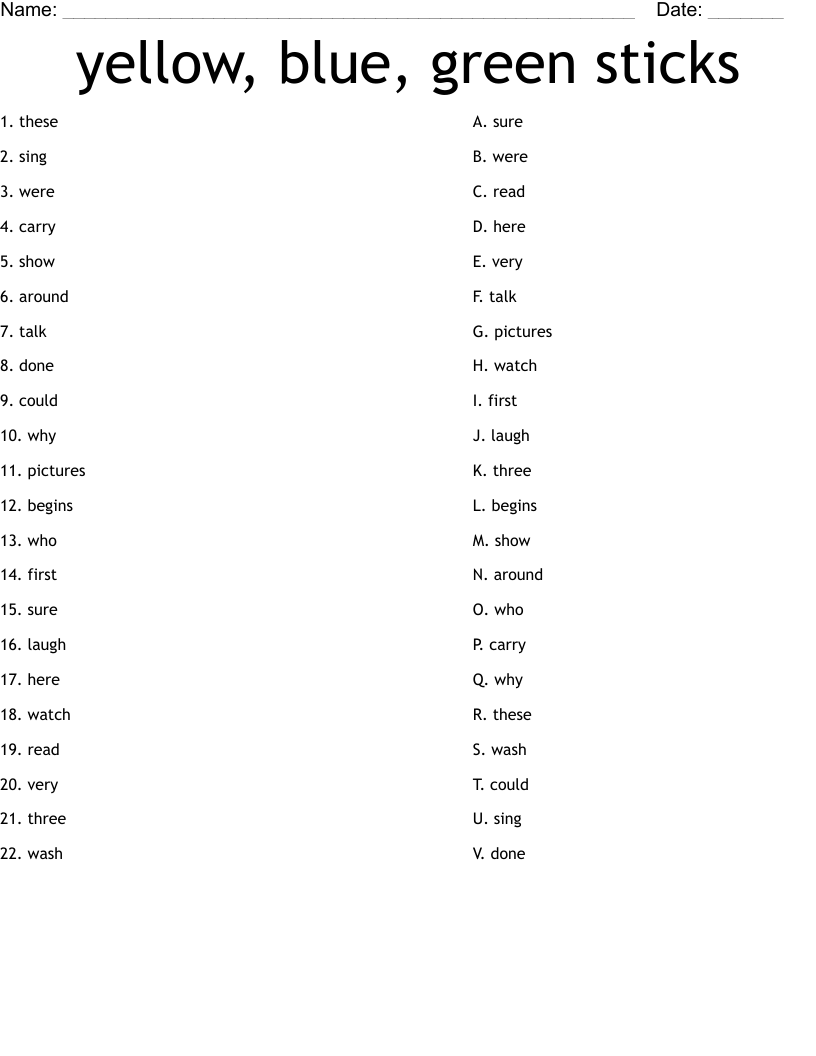 yellow, blue, green  sticks Worksheet