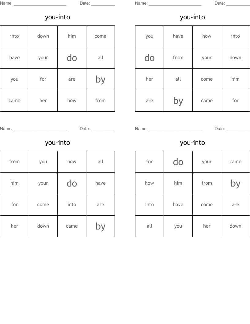 you-into Bingo Cards
