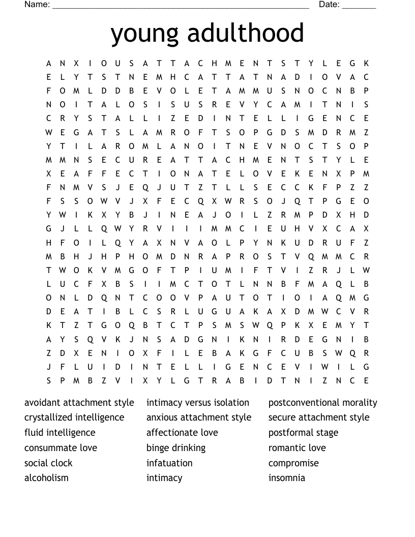 young adulthood Word Search