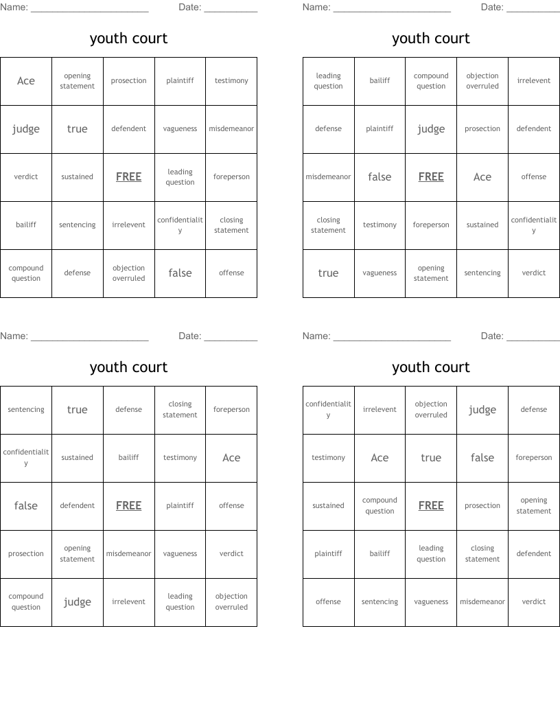 youth court Bingo Cards