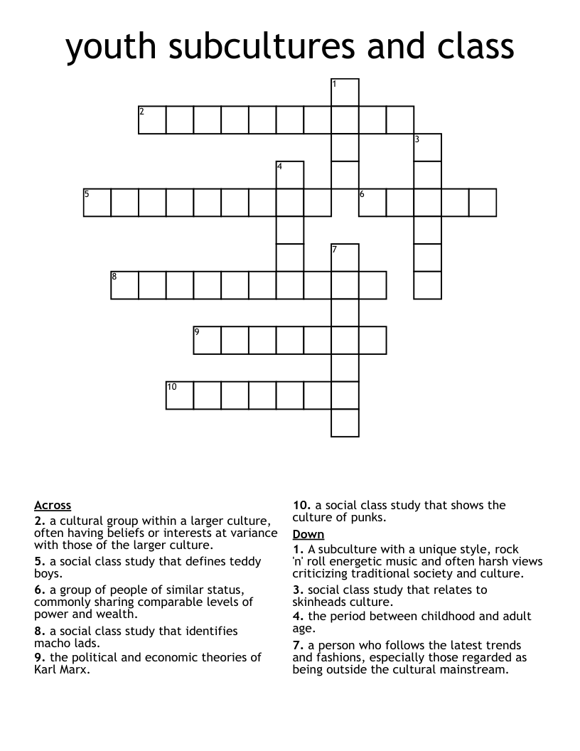 youth subcultures and class Crossword