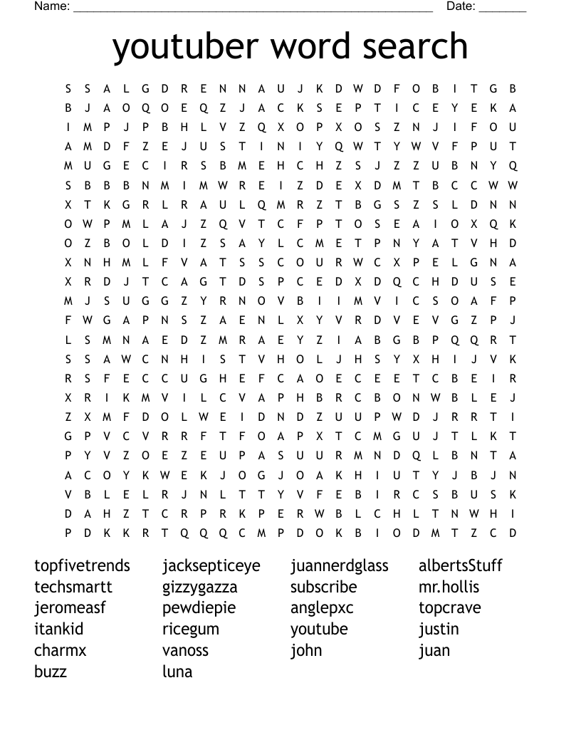 youtuber word search