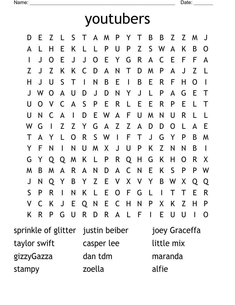 youtubers Word Search